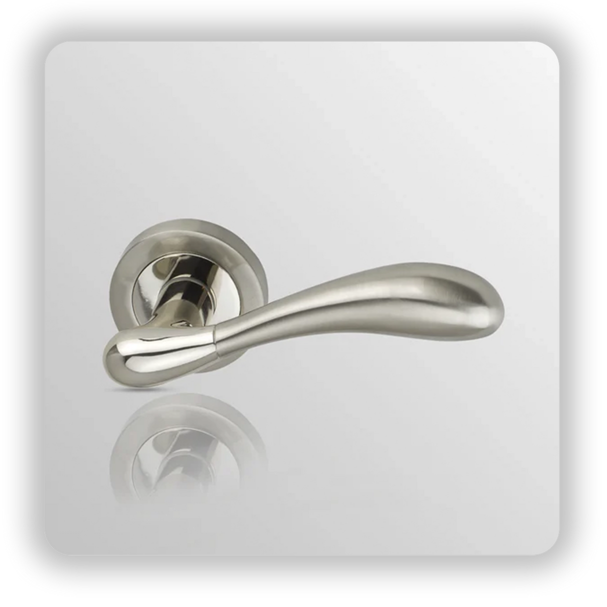 Door handle on round rose in Satin Nickel/ Polish Nickel finish