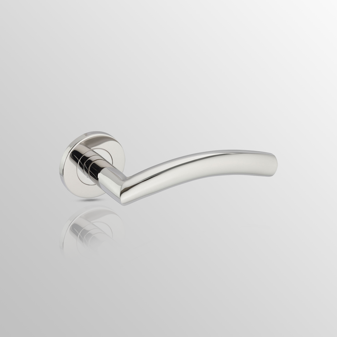 Arched Stainless Steel Door Handles on Slimline Round Rose