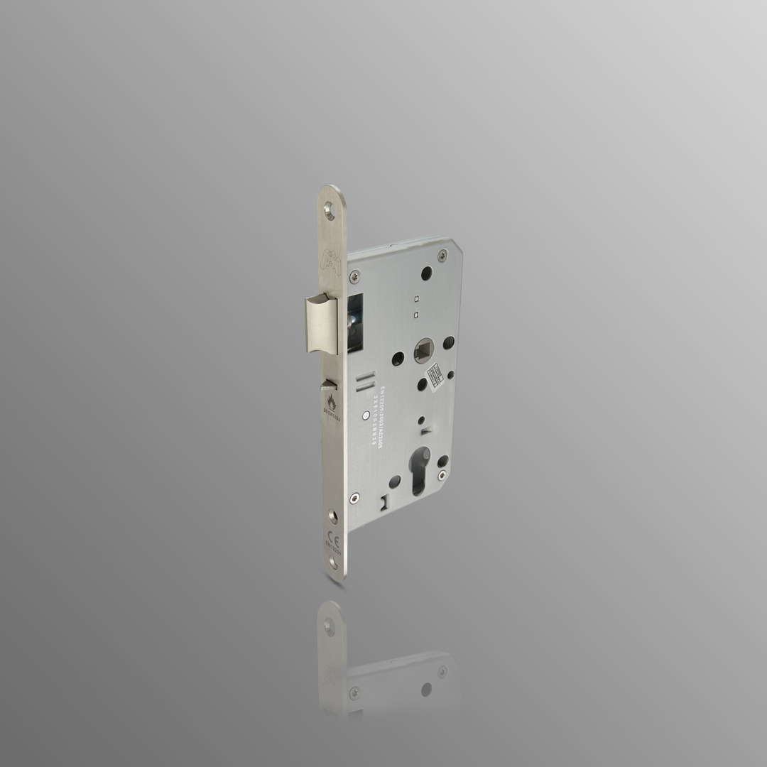 DIN Standard Night Latch Lockcase for Euro Cylinder with radius forend, 60mm Backset in Satin Stainless Steel