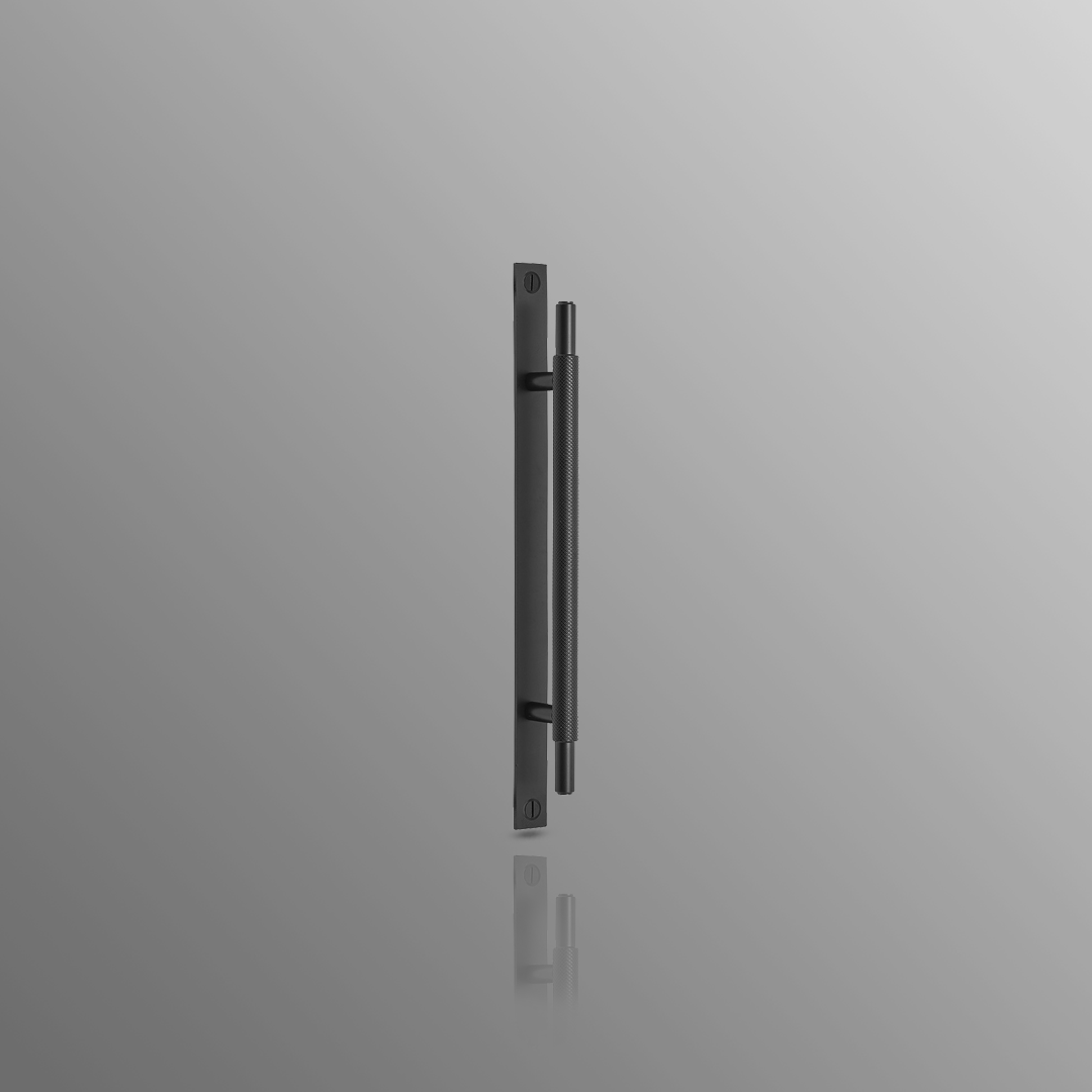 Knurled Cabinet Handles on plate in Matte Black 128mm