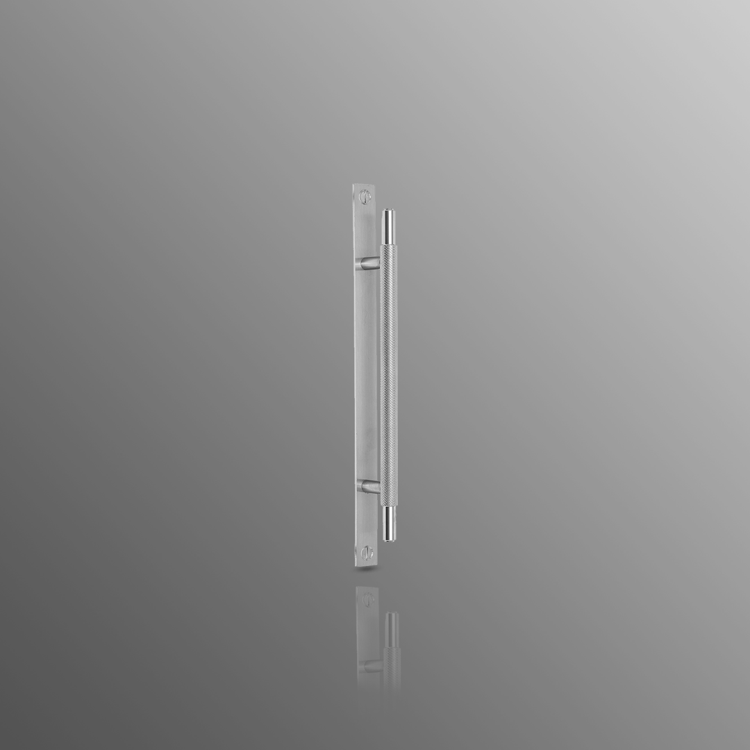 Knurled Cabinet Handles on plate in Satin Stainless Steel 128mm