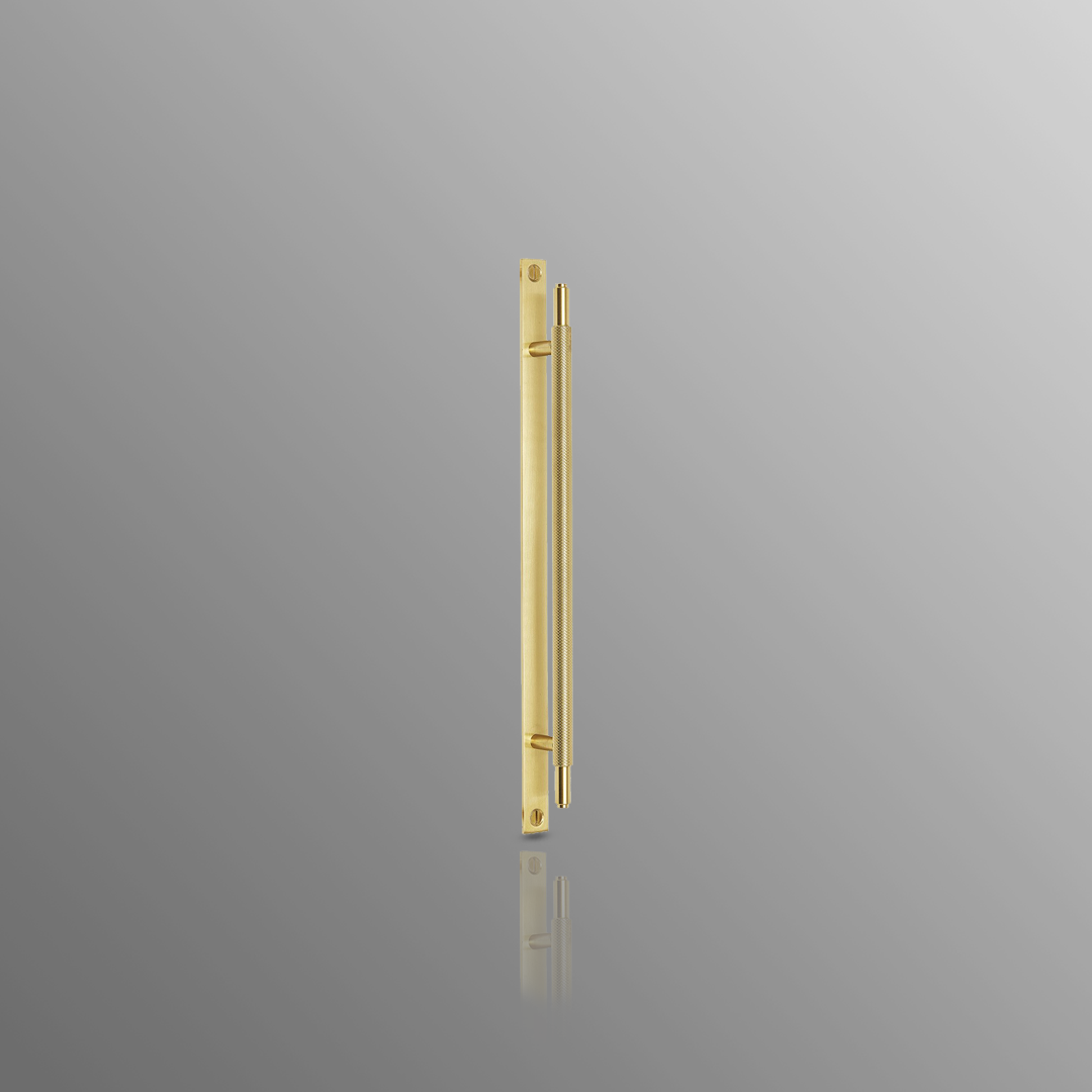 Knurled Cabinet Handles on plate in Satin Brass 128mm
